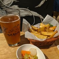 Green tea ale, hand cut french fries, and pickles at Kyoto Beer Lab in Kyoto