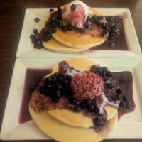 Vegan short stack, blueberries with Vegan Ice Cream. Dee-lish-us!!!🤣 at The Pancake Manor in Brisbane