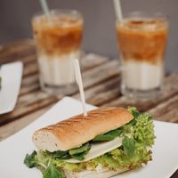 ´´No-egg´´-sandwich and oat iced latte at Vegano Cafe in Krakow