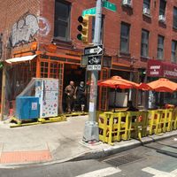 S'Mac, front and side of store, plus view of outdoor seating at S'MAC in New York City