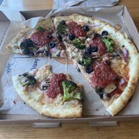 Vegan cheese and vegetable toppings  at Blaze Pizza in Toronto