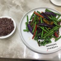 Eggplant with beans and purple something (they mean peppers) at Jiayuan 家源 in Guangzhou