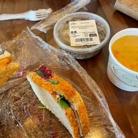 Vegan turkey sandwich, curry soup, and soba noodles  at Nori's Village Market in Saranac Lake