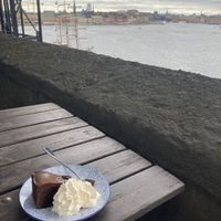sweet potato belgian chocolate cake with oat whipped cream  at Hermans in Stockholm