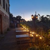 Outdoors at night at Hermans in Stockholm