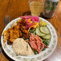  1st plate with lots of veggies, lasagna and hummus  at Hermans in Stockholm