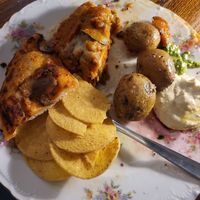 lasagne, pizza, potato, hummus, crisps etc at Hermans in Stockholm