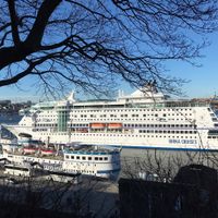 The cruise ships float by as we enjoy vegan food.   at Hermans in Stockholm