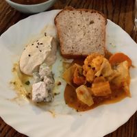 Some bread+hummus and a broccoli soup at Hermans in Stockholm