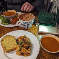 Tomato soup, bread and pizza! at Hermans in Stockholm