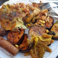 Lasagne and BBQ grilled vegetables at Hermans in Stockholm