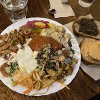 Buffet, bread, vegan butter, olive tapenade  at Hermans in Stockholm