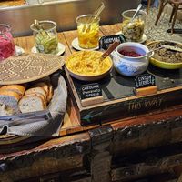 Appetizers: bread, spreads, pickles at Hermans in Stockholm