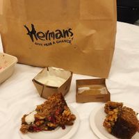 Take away desert. Appel nut cake with caramel and vanilla cream  at Hermans in Stockholm