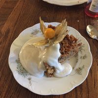 Apple cake and vanilla sauce!!!! Absolutely incredible at Hermans in Stockholm