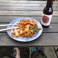 Buffet dish, non-alcoholic house beer and outdoor sitting  at Hermans in Stockholm