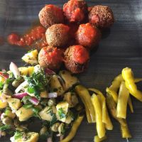 Falafel plate with delicious potato salad and home made pickled peppers.  at Bitkisel Mutfak in Urla