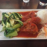 Filled tofu with tomato sauce and steamed veggies: loved it. at Good Morning Vietnam Vegan in Berlin