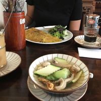 Crispy pancake, Vietnamese coffee, and mushroom soup at Good Morning Vietnam Vegan in Berlin