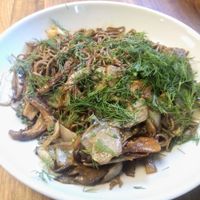 Vegan soba noodles with stir-fried chicory, oyster mushrooms and dill at Brouwerij Het Anker in Mechelen