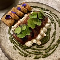 Wood-fired watermelon tiradito (servido con ricotta de ajo y gnocchi de yuca)   at Casa Lėlytė in Bogota