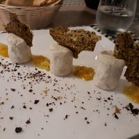 Cashew cream, seaweed crackers and mango. at MangioGiusto in Cagliari
