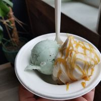 Scoop of mint ice cream, vanilla soft serve ice cream, vegan carmel sauce on the vanilla at The Greenery Creamery  in Orlando