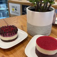 Trisome (berry) on the left, red velvet on the rightt  at Rawsome Treats in New York City