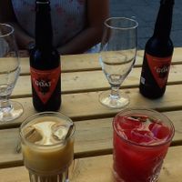 Local beer, iced coffee with soy milk and hazlenut flavour, homemade watermelon lemonade. at BACKYARD in Rotterdam