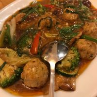 Home made meatballs from soy with Pak Choi, zucchini and broccoli  at Lao Wai in Stockholm