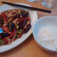 Sichuan dish with soy “chicken”, dried chilies, sweet peppers, garlic, baby corn, and roasted peanuts in a spicy sweet-salty sauce at Lao Wai in Stockholm