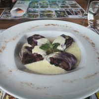 Vegan desert with bluberies and vanila cream. at Gostilna Pezdirc in Semic