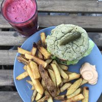 Veggie burger and red juice  at Veji  in Copenhagen