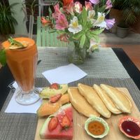 Banana pancakes & smoothie   at Union Cafe in Antigua
