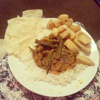 Karahi Bhindi, boiled rice, chips and popadom at Zeera in South Shields