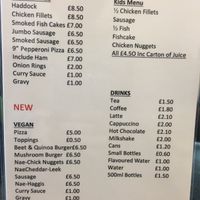 Menu with vegan choices at Linda's Fish & Chips in Cullen