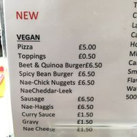Vegan menu 2019 at Linda's Fish & Chips in Cullen