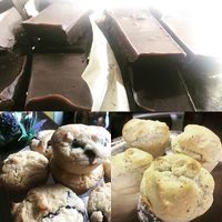 Homebakes - mint chocolate fudge, peanut butter fudge, blueberry muffins and chia and lemon muffins.  All vegan and gluten free, of course at Capercaillie Coffee House in Huntly
