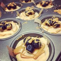 Blueberry and peanut butter drizzle mini cheesecakes - vegan and gluten free! at Capercaillie Coffee House in Huntly