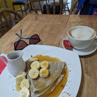 Banana and biscoff sauce buckwheat crepe, + oat flat white at The Flip Side Crepes in Skipton