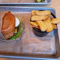 Linda McCartney burger with fries at Smiðjan Brugghús in Vik
