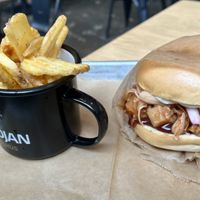 Pulled Jackfruit BBQ Burger with fries  at Smiðjan Brugghús in Vik