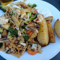 Fried vegetables with 'beef' and potatoes at Sodermanna Vegetariska in Stockholm