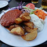 Vegan burger (without bread) and potatoes at Sodermanna Vegetariska in Stockholm