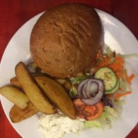vegiburger plate  at Sodermanna Vegetariska in Stockholm
