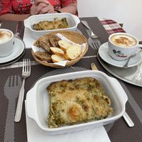 This is zucchini lasagna with a homemade almond milk and arugula pesto. Delicious. Decaf coffee with soya milk. All very reasonably priced.  at Gioia Caffetteria Gastronomia Vegana in Sassari