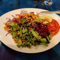 Started salad w curry chickpeas and picked veggies - yas please! at Stashus Con Fusion in Puerto Viejo De Talamanca