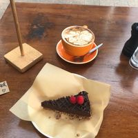 Vegan raw cake & soy cappuccino  at Sunday Sustainable Bakery in Byron Bay