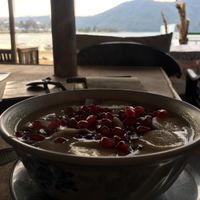 Chamba porridge and mixed fruit, with a view. at Pourquoi Pas in Pokhara
