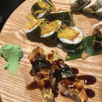 Curry vegetable roll (top) and kakiage nigiri (bottom)    at Hanamura in Modbury
